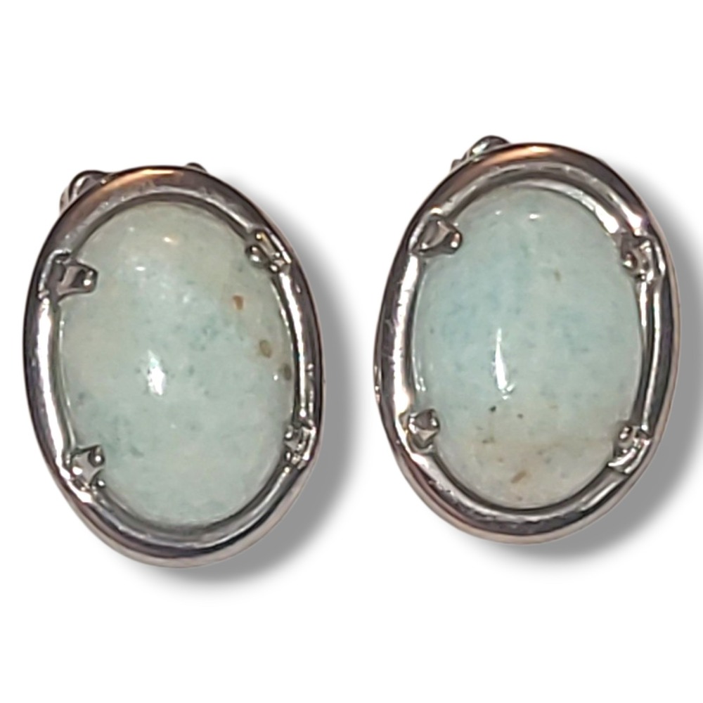 Larimar Cabochon Clip On Earrings Oval Blue Stone Silver Tone Vintage Style - Picture 2 of 5